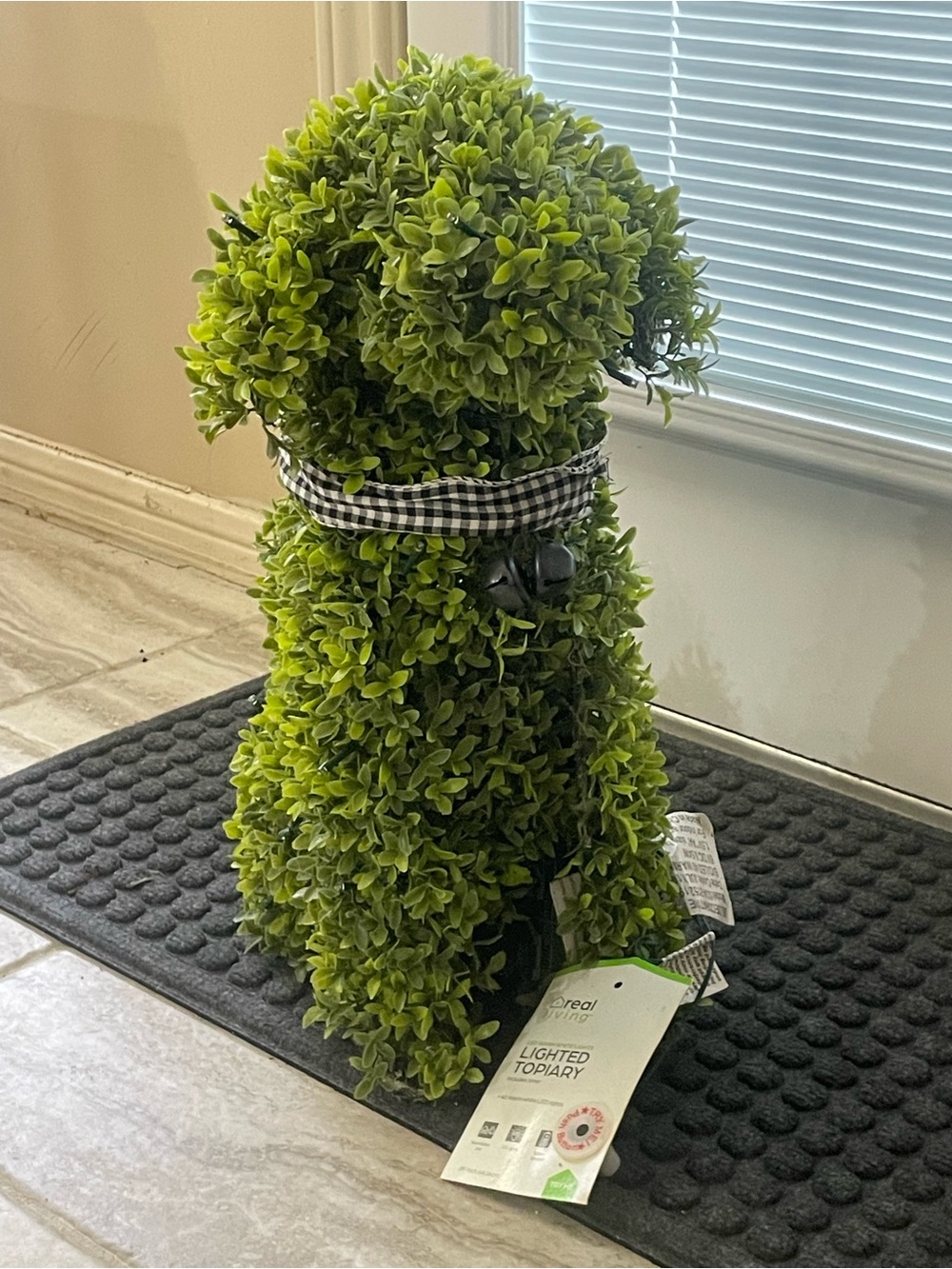 Green Lighted Boxwood Dog Topiary Accent with Gingham Collar
